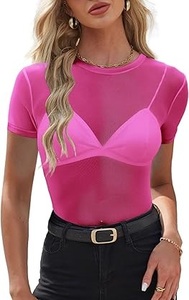 เสื้อยืดตาข่ายแขนสั้นทรงปกติสำหรับผู้หญิง ระบายอากาศได้ดี เซ็กซี่ เหมาะสำหรับใส่ไปคลับ ปาร์ตี้ ทรงเข้ารูป สีชมพู ผ้าตาข่ายบาง โปร่งใส - Product Image 2
