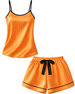 Customized Orange Satin Women Pajama Set Silk Sleepwear <b>Spaghetti</b> <b>Strap</b> Cami And Shorts Soft Luxury Nightwear Summer Lounge Set - Product Image 1