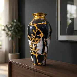 Luxury Black Marble <b>Vase</b> with <b>Gold</b> Leaf Accent Decorative Metal Flower <b>Vase</b> Elegant Home Decor Table Centerpiece - Product Image 1