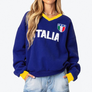 Aussie Edge <b>V</b>-<b>neck</b> <b>Sweatshirt</b> <b>Women</b> Casual Oversized Blue Yellow Trim Polyester Knitted Breathable Autumn Wear Full Sleeve Front - Product Image 1