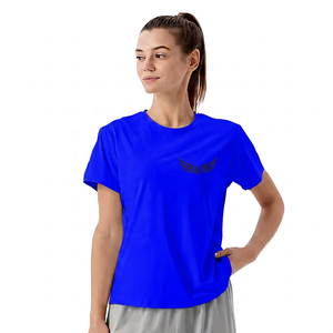 T-shirt à col rond pour femme bleu clair avec broderie logo, respirant, coupe classique, manches courtes, couleur unie, haut de yoga - Product Image 4