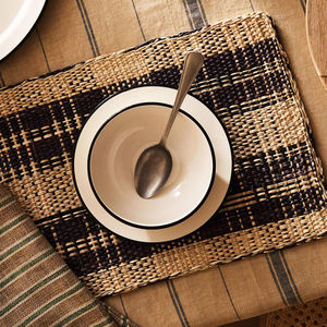 Salvamanteles rectangular de junco marino y paja tejida, con diseño a cuadros y guinga, posavasos azul marino, platos decorativos de presentación, al por mayor - Product Image 5
