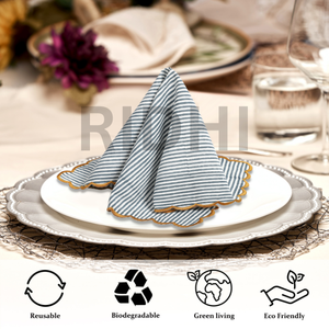 Serviettes en coton rayées bleues faites à la main Ridhi de 18 pouces avec broderie jaune festonnée, classiques pour les mariages, les fêtes, les événements, la décoration de la maison - Product Image 6