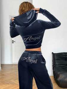 Ensemble de survêtement en velours bleu personnalisé avec strass, sweat à capuche et pantalon, pour l'hiver, 2 pièces, unisexe, streetwear, léger - Product Image 1