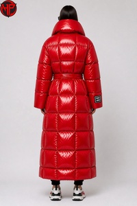 Doudoune longue matelassée effet brillant pour femme, manteau d'hiver thermique ceinturé, vêtement d'extérieur imperméable avec logo personnalisé - Product Image 6