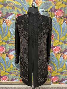 Sherwani Festivo para Hombre con Cuello Mandarín, Diseño Fénix Dorado, Sin Arrugas, Base de Lachka TR Premium, Cuentas Doradas Antiguas - Product Image 6