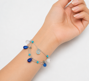 Natural Blue Kyanite & Moonstone Charm <b>Bracelet</b>, 925 Silver Layered Gemstone <b>Bracelets</b>, Delicate Layered Chain Jewelry - Product Image 2