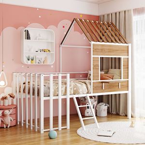 Letto a soppalco in metallo bianco per bambini, con finestra sul tetto, ringhiera di protezione e scaletta - Product Image 1