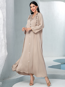 Abaya de Satén Sedoso de Lujo AN12450 con Detalle de Diamantes Cosidos a Mano, Conjunto de 2 Piezas, Vestido Interior y Exterior para Mujer, Ropa Elegante para la Noche - Product Image 5