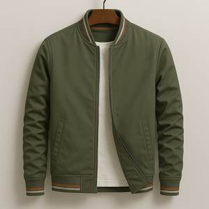 Men's Black Zip-Up Bomber <b>Jacket</b> With <b>Red</b> White Stripes Regular Fit Casual Woven Polyester Autumn Wear - Product Image 4