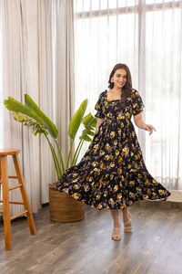 Floral Print <b>Black</b> A-Line Midi <b>Dress</b> With Square Neck Cap Sleeve Casual Summer Woven <b>Dress</b> Beautiful <b>Dress</b> Women Elegant - Product Image 3