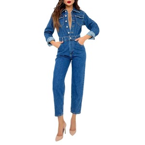 Combinaisons décontractées en denim bleu clair à col boutonné Cinchet à la taille et à manches courtes Combinaisons Jeans pour femmes Salopette Barboteuse Pantalon - Product Image 3