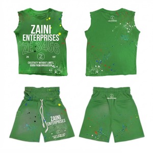 Conjunto de Pantalones Cortos sin Mangas para Hombre, Calidad Premium, 280 GSM, Algodón y Poliéster, Felpa Francesa, Verde, Logotipo Personalizado, Impresión Serigrafiada, Efecto Salpicado de Pintura - Product Image 1
