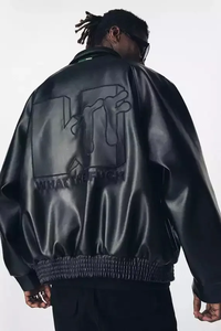 Chaqueta de Cuero Genuino para Hombre con Logotipo en Relieve 3D, Cuello Byron, Botones a Presión, Chaqueta Bomber de Cuero Extra Grande, Elegante para el Invierno - Product Image 2