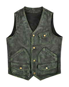 <b>Men's</b> Distressed <b>Green</b> Genuine Leather Vest V Neck Snap Button Moto Biker <b>Waistcoat</b> with Pockets - Product Image 1