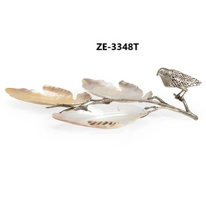 Premium Handmade Metal Coffee Serving Tray for Restaurants Hotels CafesSilver Bird on Branch Decorative Tray with Pearl Shell - Product Image 1