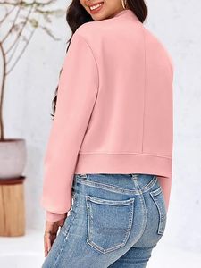 Chaqueta Bomber Rosa de Forro Polar para Mujer, Casual, Cuello Alto, Manga Larga, Cierre de Botones, Bolsillos con Parches, Color Sólido, Ropa de Abrigo para Otoño - Product Image 3