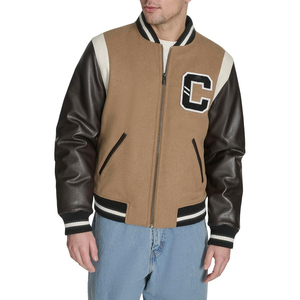<b>Men's</b> Brown Bomber <b>Jacket</b> PU <b>Leather</b> Sleeves Solid Color Zipper Closure Casual Style Autumn Wear Regular Fit Turn-down Collar - Product Image 2