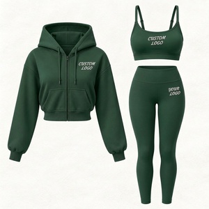 Conjunto deportivo premium personalizado para mujer de 3 piezas: chaqueta deportiva con cremallera, sujetador deportivo y pantalones capri de manga larga para otoño. - Product Image 5