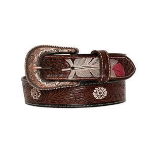Classic Vintage Style Feather Design Embossed hand carved Western <b>leather</b> <b>tooling</b> <b>belt</b> for unisex with floral engraved buckle - Product Image 4