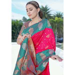 Sari en soie douce rose framboise Elite Weaves avec contraste tissé Zari, robe de soirée élégante - Product Image 2