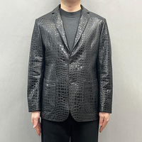 Veste en cuir noir pour homme, motif crocodile embossé, simple boutonnage, col rabattu, style décontracté chic, pour l'automne