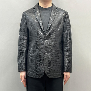 Veste en cuir noir pour homme, motif crocodile embossé, simple boutonnage, col rabattu, style décontracté chic, pour l'automne - Product Image 1