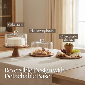 Support à gâteau en bois d'acacia avec couvercle en verre, support à gâteau réversible et planche de service conçus pour un usage quotidien, desserts, charcuterie - Product Image 3