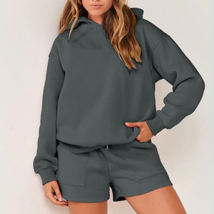 Sudadera con capucha gris oscuro para mujer con pantalones cortos con cordón, corte holgado informal, manga larga, color liso, ropa de primavera - Product Image 6