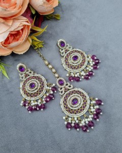 Traditional Oval CZ Stone Round Shape <b>Earrings</b> And Mang Tika Set Pearl Beaded Ethnic Party Wear Fashion Jewellery Set Collection - Product Image 1