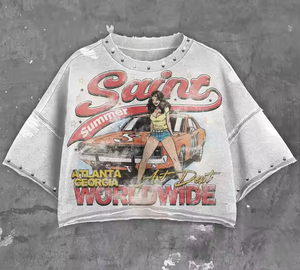 <b>Mens</b> Vintage Washed Graphic T Shirt Retro Car Print <b>Studded</b> Distressed Oversized Streetwear Casual Trendy Tee - Product Image 1