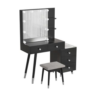 Solid Wood <b>Makeup</b> Vanities 5 Drawers 2 Layer Shelf <b>Mirror</b> Case Pitted Particle Board Triamine Coating Copper Sheath Decoration - Product Image 4
