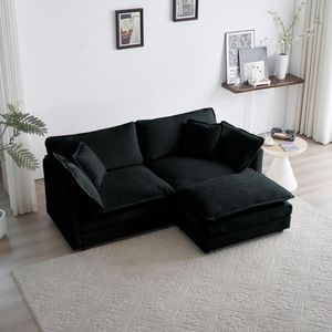 Divano a Due Posti in Ciniglia per Piccoli Spazi con 1 Poggiapiedi e Pouf, Divano Componibile a L per una Seduta Confortevole - Product Image 3