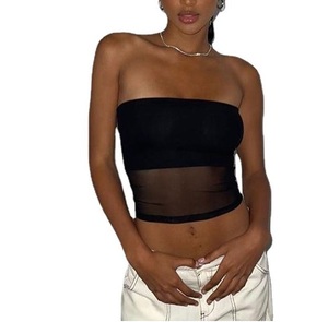 <b>Women's</b> <b>Black</b> Strapless Crop <b>Top</b> Sheer Mesh Panel Tube <b>Top</b> Sexy Club <b>Tank</b> - Product Image 1