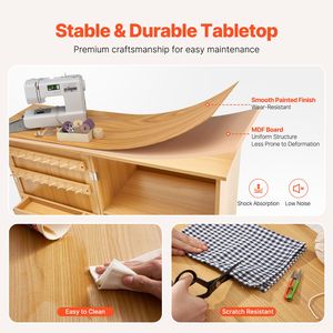 Tavolo Compatto Multifunzione in Legno per Macchina da Cucire con Design Pieghevole, Ripiani, Vassoi Portaoggetti e Pioli in Legno - Product Image 5