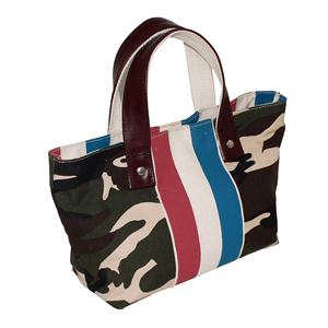 Asa de cuero genuino con interior 12 OZ Lona natural Rayas impresas Forrado Poly Viscosa Mezcla Camflauge Imprimir Tela Tote Bag - Product Image 2