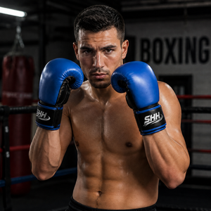 Gants de boxe professionnels haut de gamme légers à doigts entiers en PU bleu et noir imperméables avec lacets pour l'entraînement de kick-boxing, logo personnalisé - Product Image 3