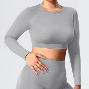 Vente en gros de vêtements de sport pour femmes avec logo personnalisé, hauts courts à manches longues extensibles sans couture, pantalons de yoga - Product Image 3