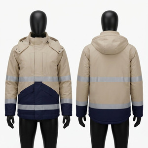 Premium Polyester Work <b>Jacket</b> 220 GSM Beige <b>Navy</b> Hooded Utility <b>Jacket</b> Reflective Tape Panels Custom Logo Waterproof Breathable - Product Image 1