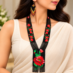 Ensemble collier et boucles d'oreilles en perles d'imitation, style ethnique floral fait main, rouge et noir, vintage, tendance, bijoux de fête pour femmes - Product Image 1