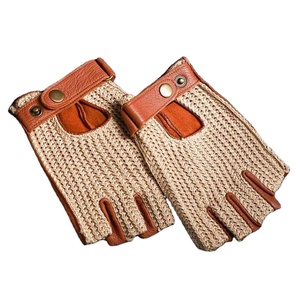 Gants de moto rétro tricotés mi-doigts, thermiques, respirants, longueur poignet, avec garniture en cuir, pour usage sportif hiver - Product Image 1
