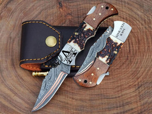 New Edition Cu-Mai Copper Damascus Folding Pocket Hunting Knife Drop Point Blade Stone Wood Steel Bolster Handle Back <b>Lock</b> 6.5" - Product Image 4