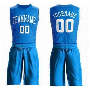 Maillot de basket personnalisé bleu et blanc à col rond avec sublimation, ensemble de vêtements de sport de basket-ball avec nom d'équipe, numéro et logo personnalisés, OEM - Product Image 1