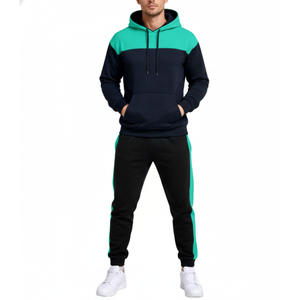 Conjunto Deportivo Personalizado para Hombre en Azul Marino y Verde Azulado, Sudadera con Bloques de Color y Pantalones, Dos Piezas, Ropa Deportiva de Alto Rendimiento para Gimnasio - Product Image 1