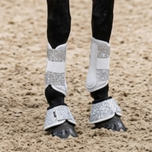 Light Gray Sparkle Dressage Saddle Pad Matching Set Brushing Boots Bell Boots Custom Logo Silver Cord Trim <b>Equestrian</b> Set - Product Image 3