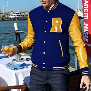 Veste universitaire unisexe bleu et jaune, style baseball, avec patch brodé R, style universitaire classique, en toile, col montant - Product Image 5