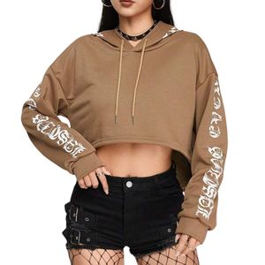 Custom Women Brown Cropped Hoodie Gothic Letter Print Sleeve <b>Long</b> Sleeve Vintage Y2K Streetwear Crop Pullover <b>Sweatshirt</b> - Product Image 5
