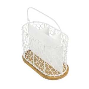 Porta Cubiertos Portátil de Malla Metálica Blanca con Base de Bambú, Organizador de Utensilios de Metal Dividido con Asa para Picnic y Comidas al Aire Libre - Product Image 1