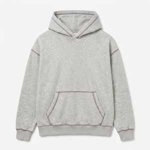 Sweat-shirt à capuche oversize gris chiné pour homme, avec surpiqûres contrastées, poche kangourou, style streetwear, pull décontracté unisexe en molleton avec cordon de serrage - Product Image 2
