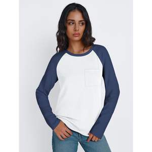 2025 Trendy Queen para mujer cuello redondo manga larga Colorblock blusas y camisas - Product Image 1